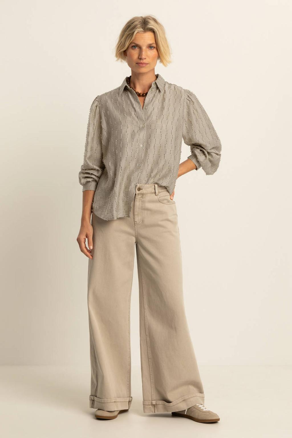 Zandkleurige dames Expresso high waist wide leg jeans van denim met rits- en knoopsluiting en effen