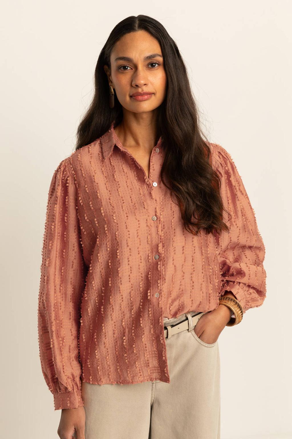 Oranje dames Expresso blouse van lyocell met effen, lange mouwen, klassieke kraag, knoopsluiting en geweven detail