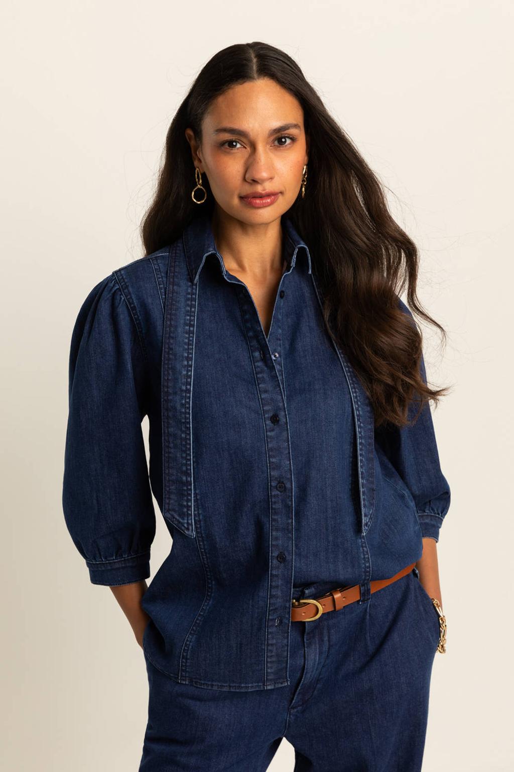 Dark blue denim dames Expresso blouse dark blue van katoen met effen, lange mouwen, klassieke kraag, knoopsluiting en geweven detail