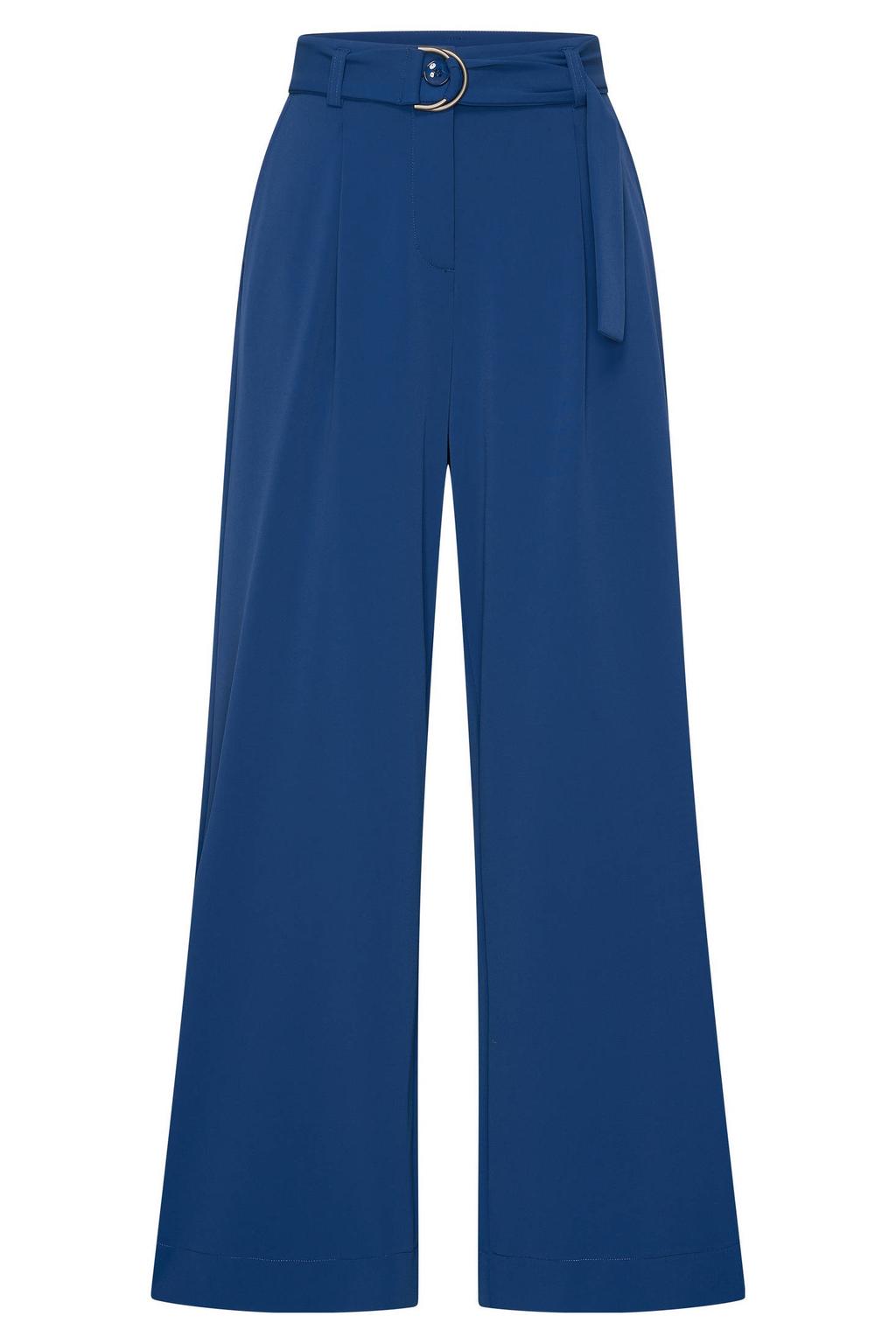 Blauwe dames Expresso travelstof pantalon met wijde pijpen, high waist, rits, haak- en knoopsluiting en effen