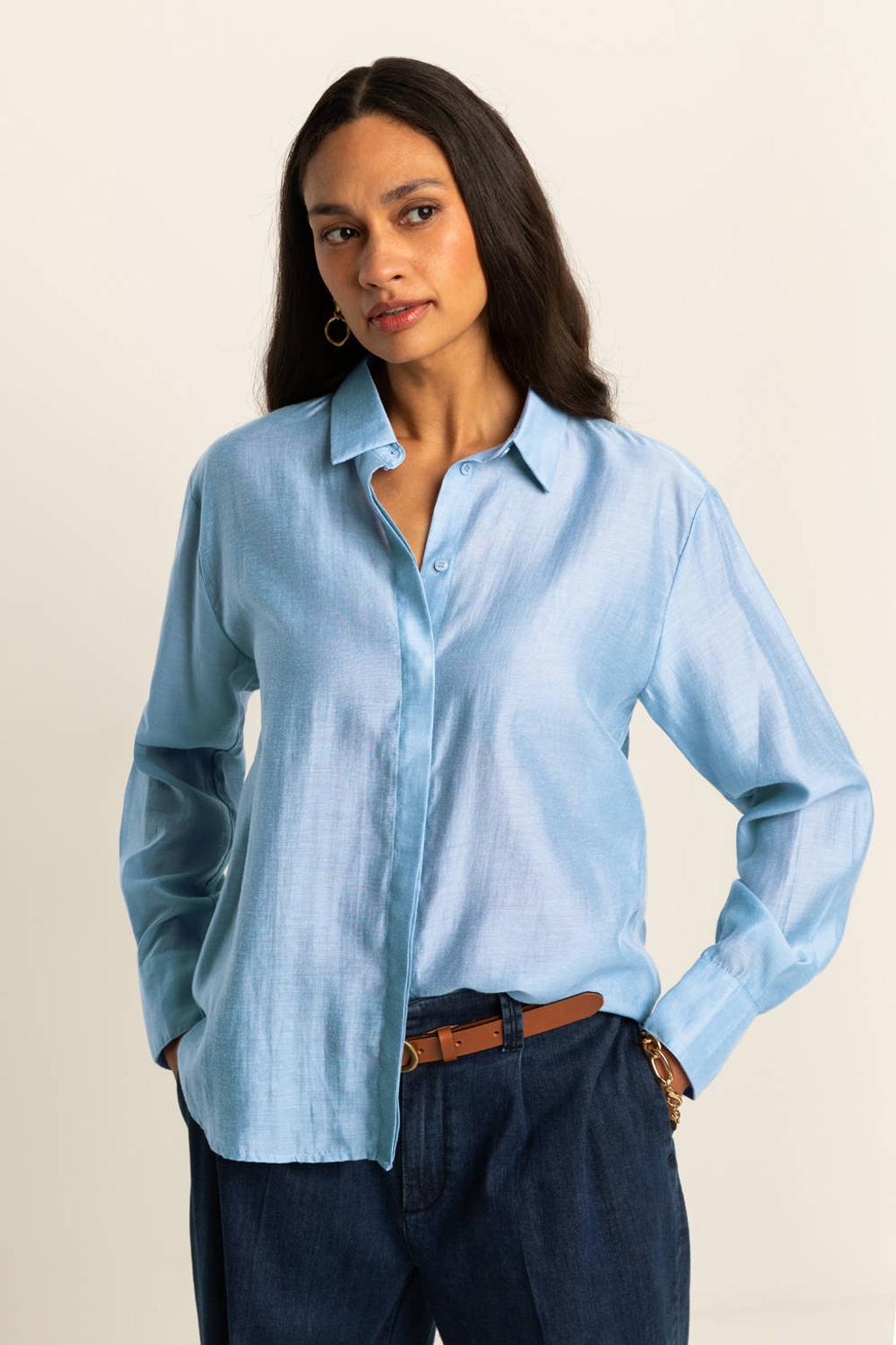 Lichtblauwe dames Expresso blouse van polyester met effen, lange mouwen, klassieke kraag, knoopsluiting en geweven detail
