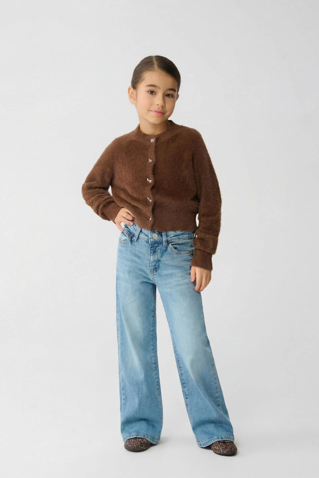 Light blue denim meisjes Shoeby high waist flared jeans van denim met rits- en knoopsluiting en effen