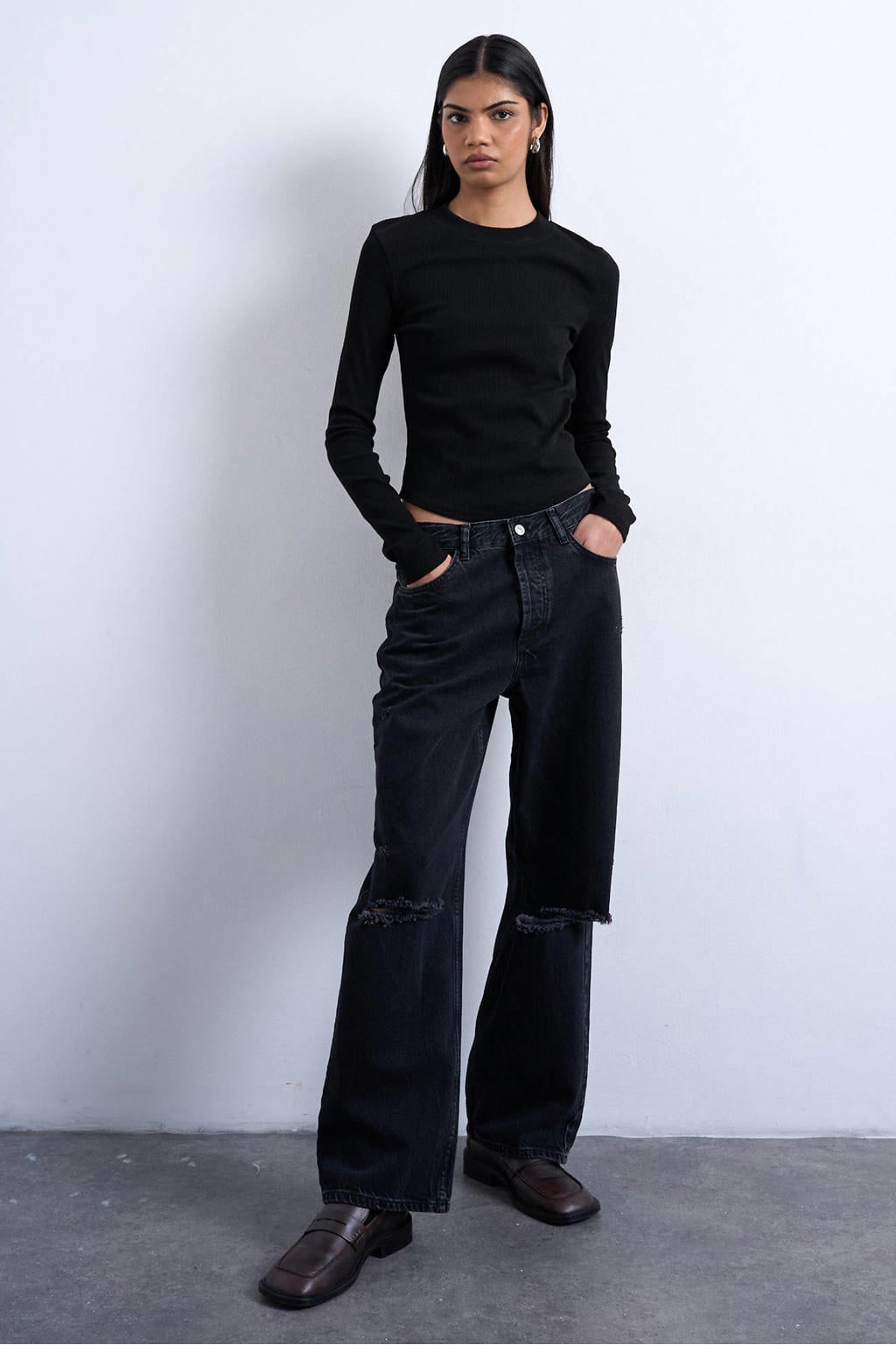 Zwarte dames TOPSHOP longsleeve van katoen met effen, lange mouwen en ronde hals