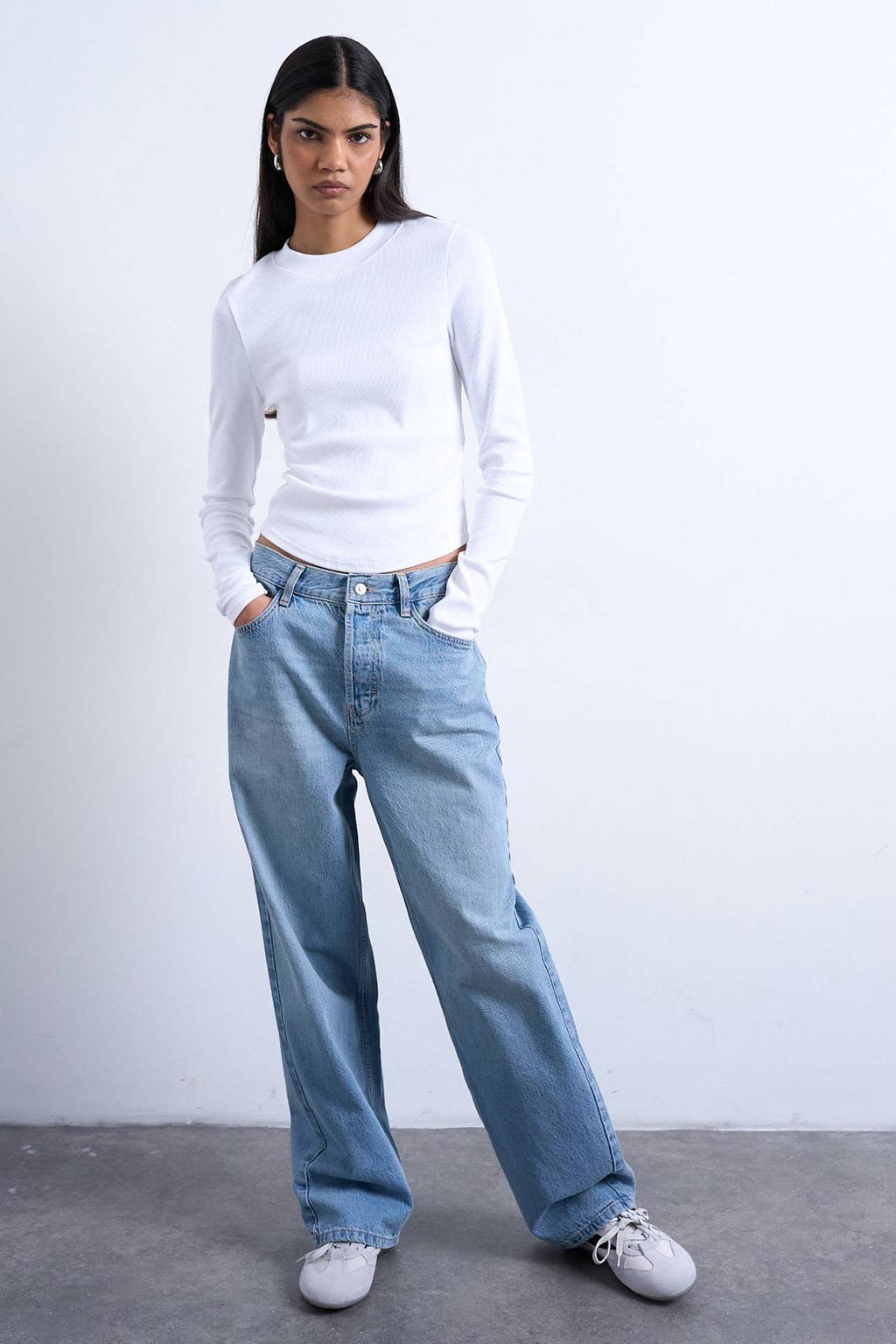 Witte dames TOPSHOP longsleeve van katoen met effen, lange mouwen en ronde hals