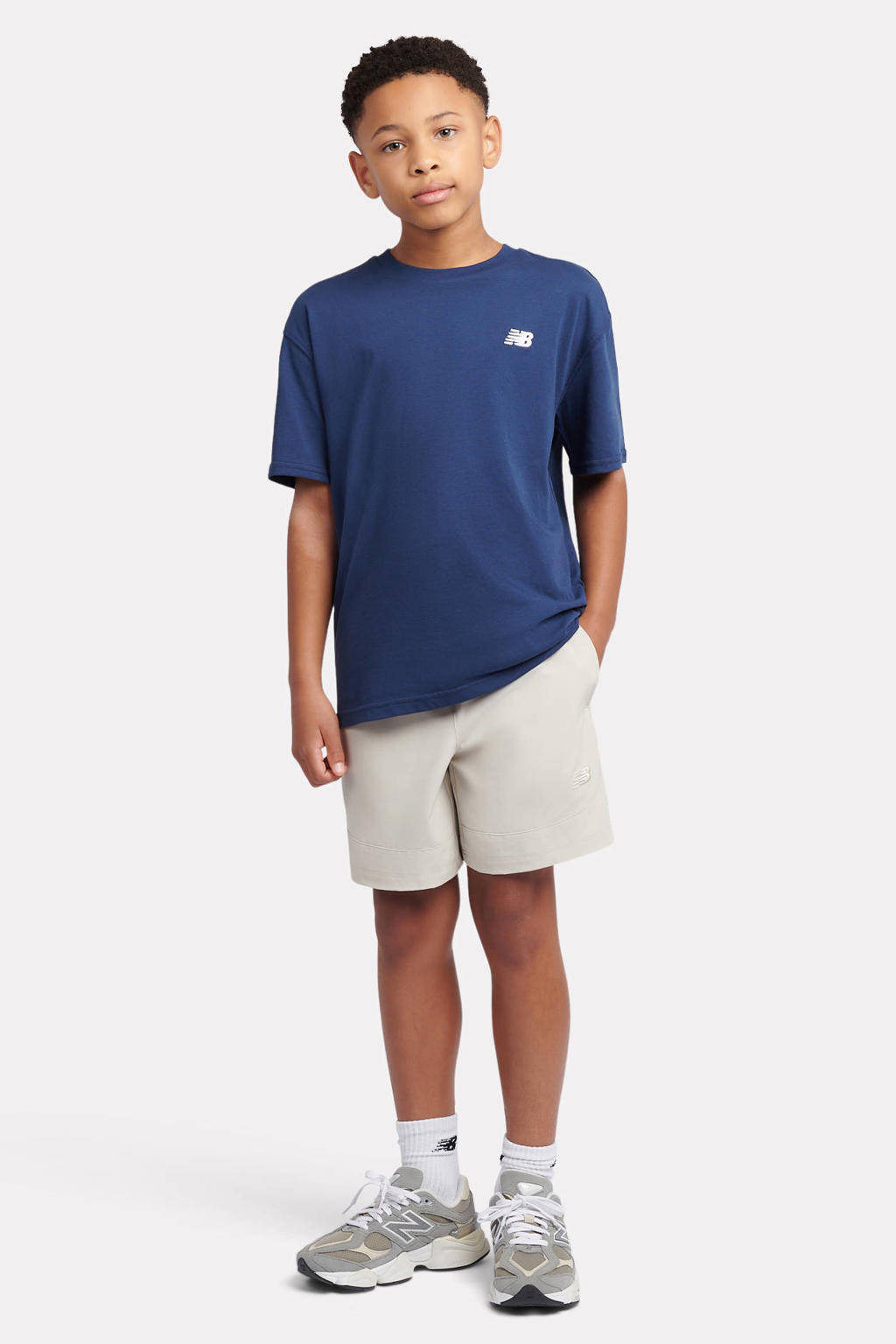 Blauwe jongens en meisjes New Balance T-shirt van katoen met effen, korte mouwen en ronde hals