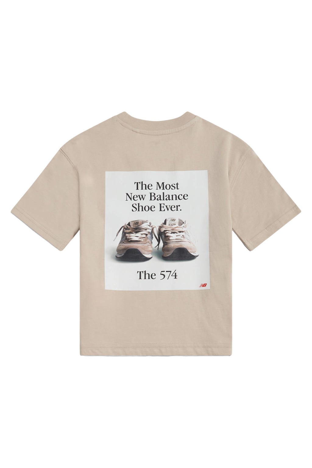 Beige jongens en meisjes New Balance T-shirt van katoen met backprint, korte mouwen en ronde hals