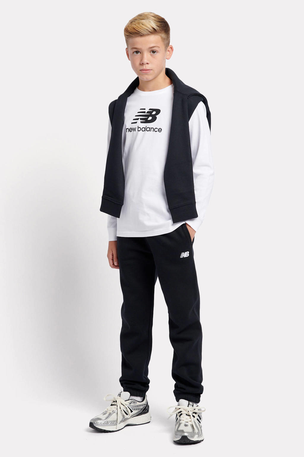 Zwarte jongens en meisjes New Balance joggingbroek van katoen met elastische tailleband met koord en effen