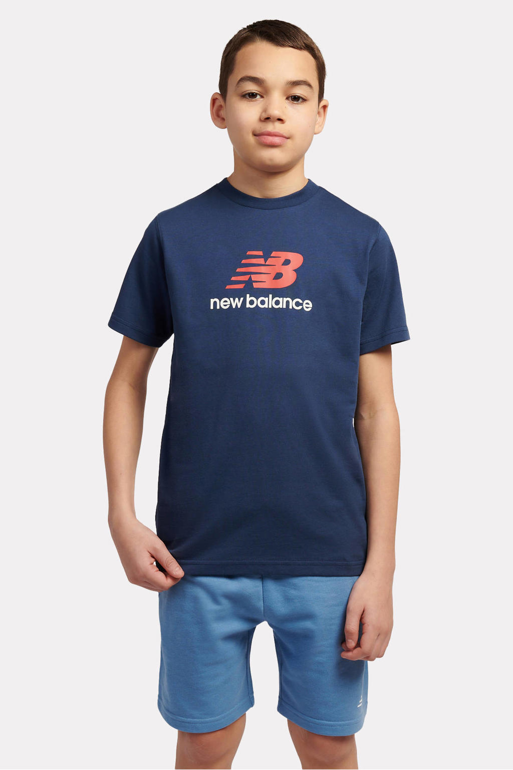 Blauwe jongens en meisjes New Balance T-shirt van katoen met printopdruk, korte mouwen en ronde hals