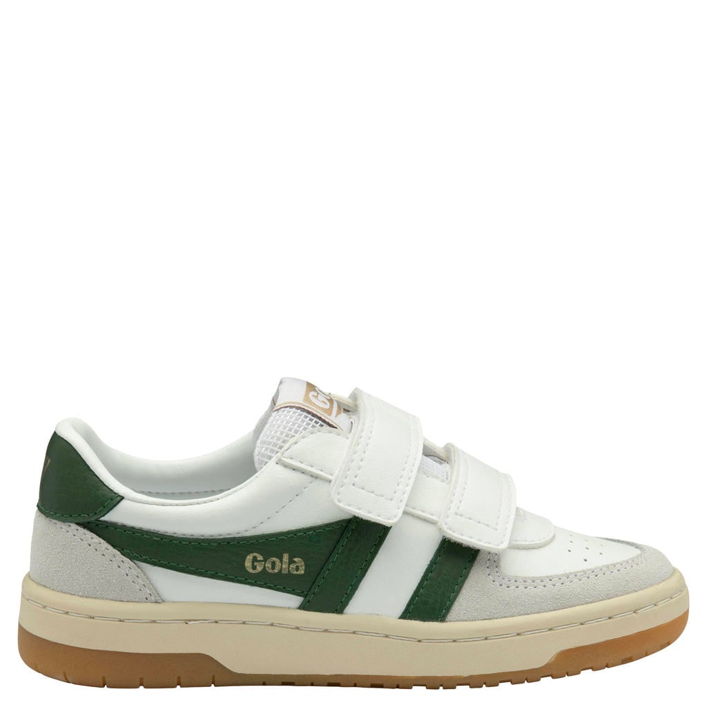 Legergroen en kakikleurige jongens Gola Hawk Strap leren sneakers met klittenband