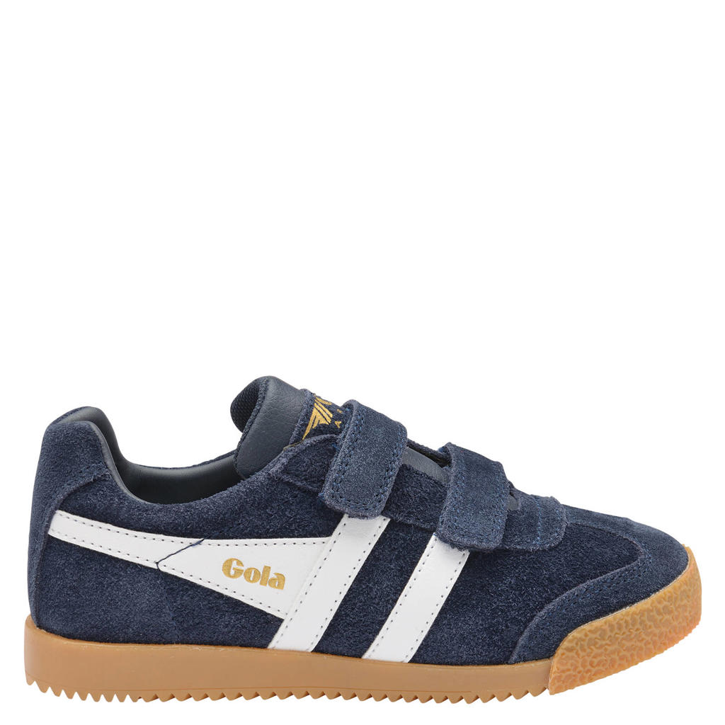 Donkerblauw en witte meisjes Gola Harrier Strap suède sneakers met klittenband