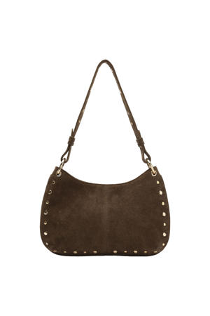 suede schoudertas met studs donkerbruin