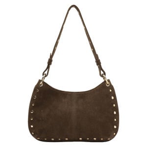 suede schoudertas met studs donkerbruin