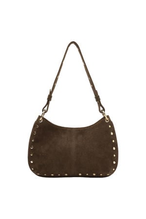 suede schoudertas met studs donkerbruin