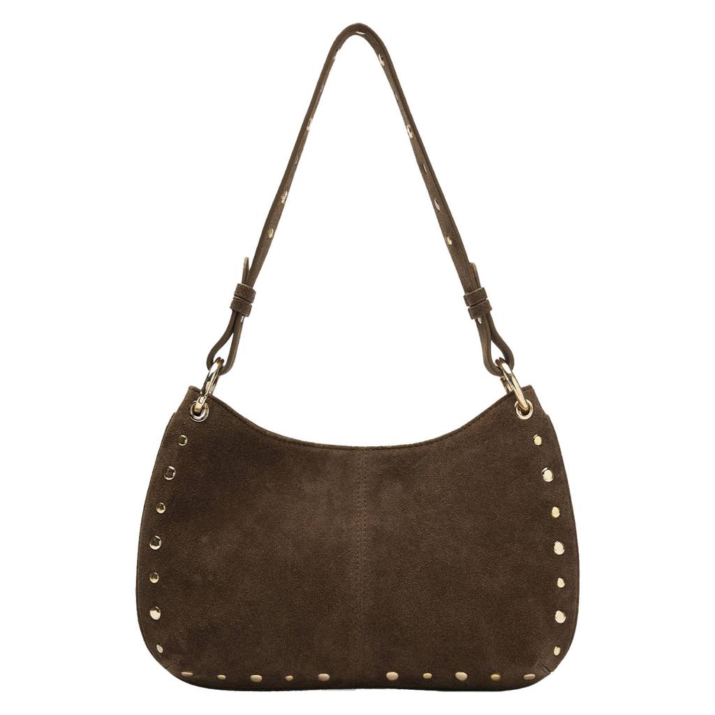 Manfield suede schoudertas met studs donkerbruin