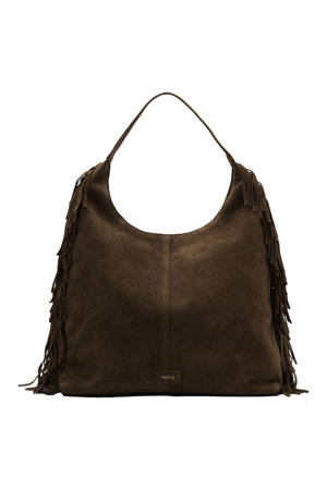 suede schoudertas met franjes donkerbruin