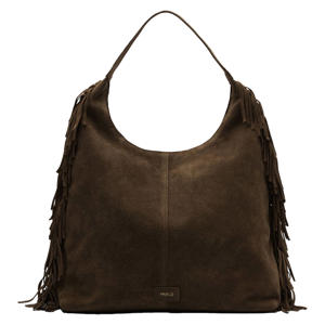 suede schoudertas met franjes donkerbruin