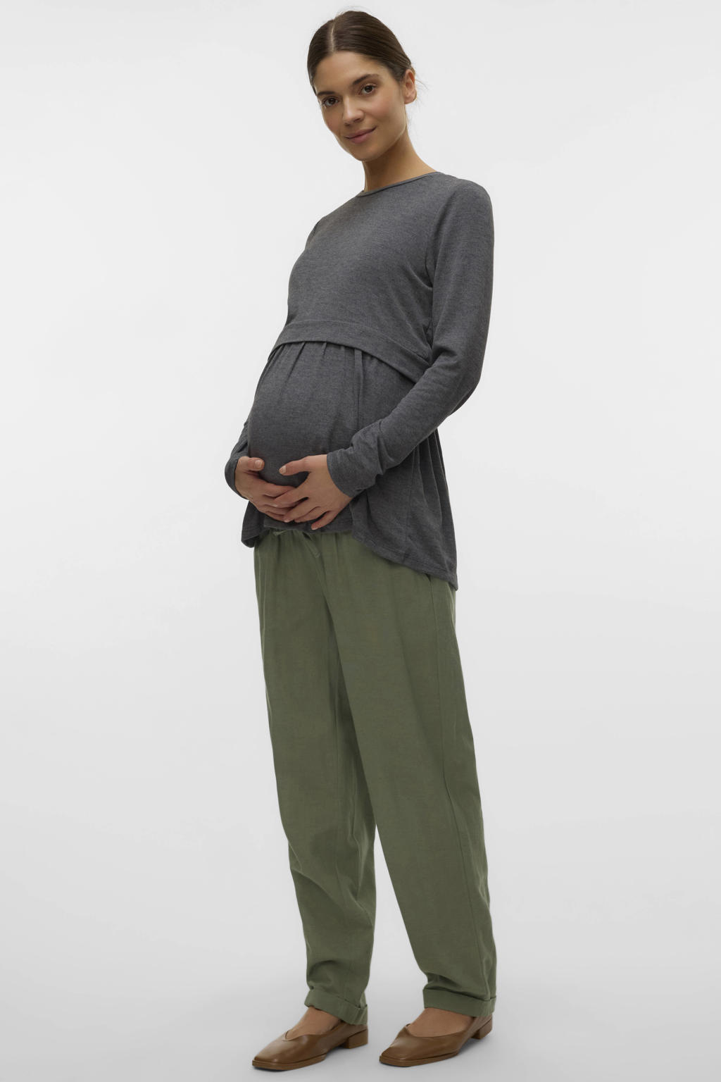 Olijfgroene dames MAMALICIOUS regular waist zwangerschaps casual broek van viscose met elastische tailleband met koord en effen