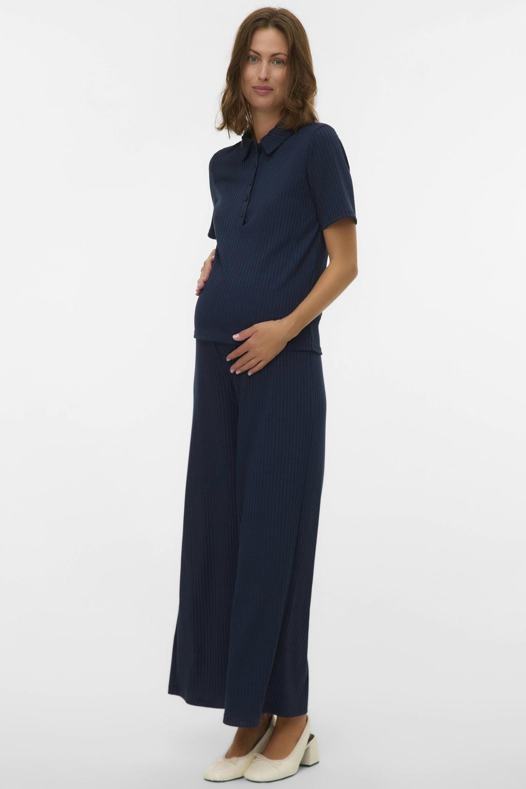Donkerblauwe dames MAMALICIOUS zwangerschaps- en voedings T-shirt van polyester met korte mouwen, polo kraag en textuur