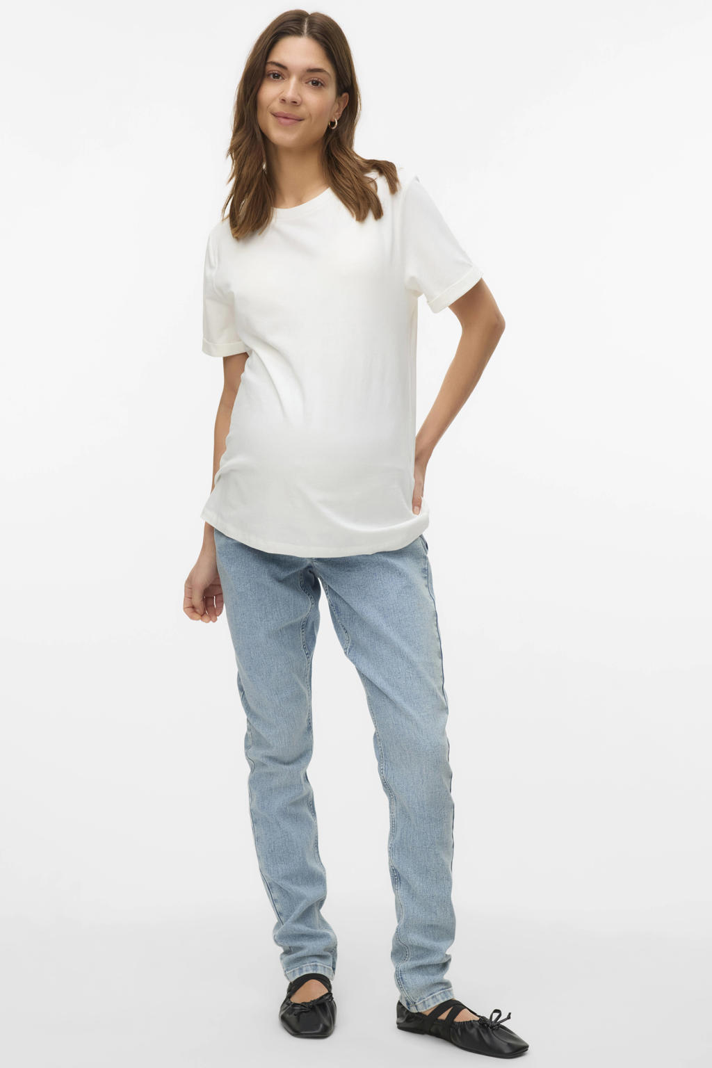 Witte dames MAMALICIOUS zwangerschaps T-shirt van stretchkatoen met effen, korte mouwen en ronde hals