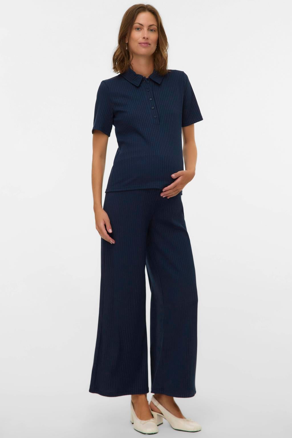 Donkerblauwe dames MAMALICIOUS wide leg high waist zwangerschaps casual broek met effen