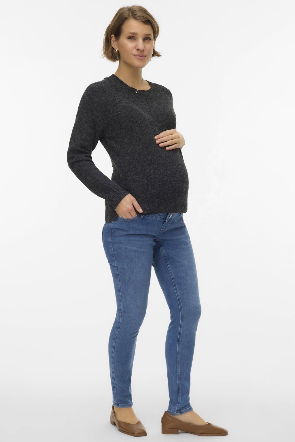 Medium blue denim dames VERO MODA MATERNITY high waist zwangerschaps skinny jeans van stretchdenim met rits- en knoopsluiting en effen