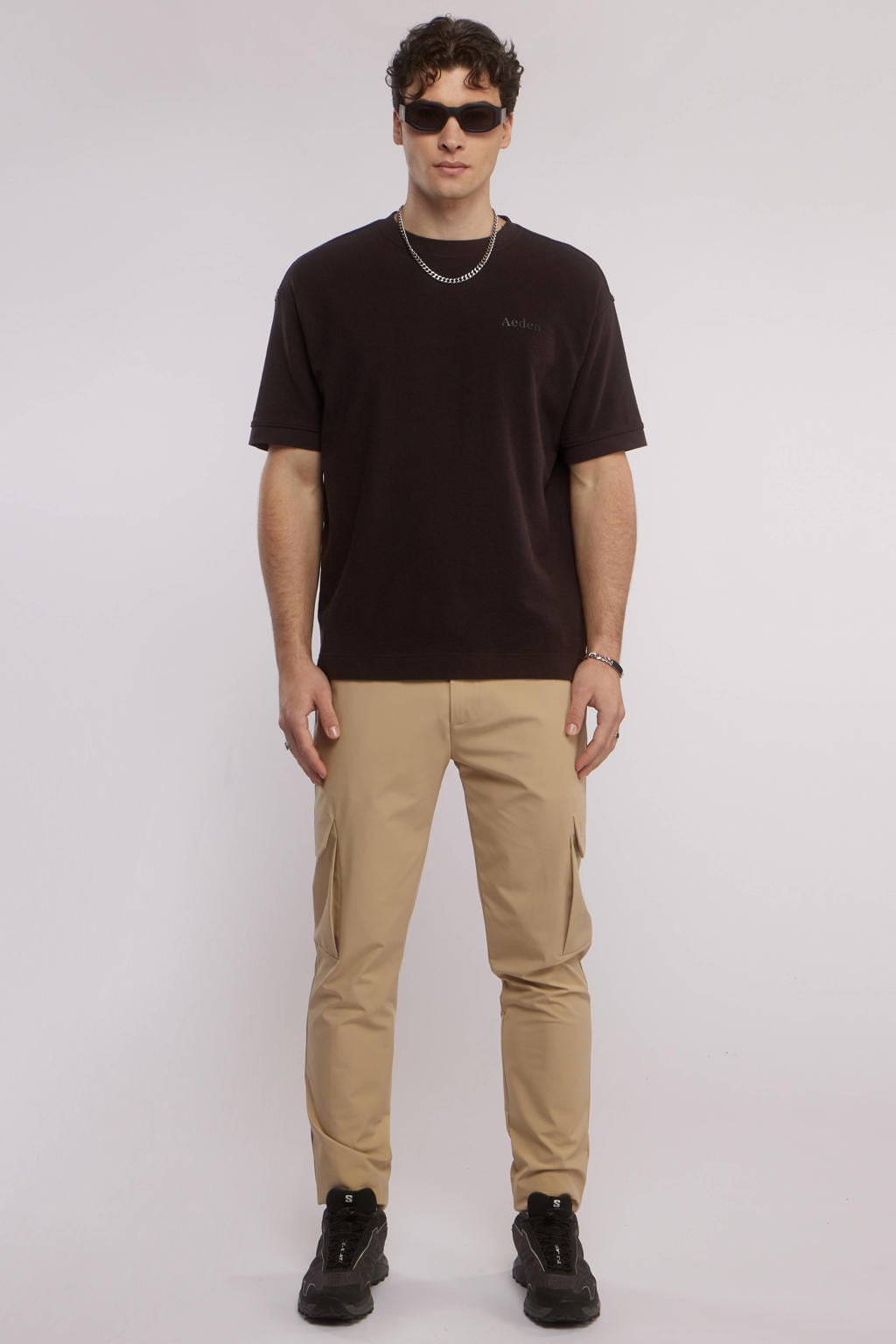 Bruine heren Aeden oversized T-shirt van katoen met effen, korte mouwen en ronde hals