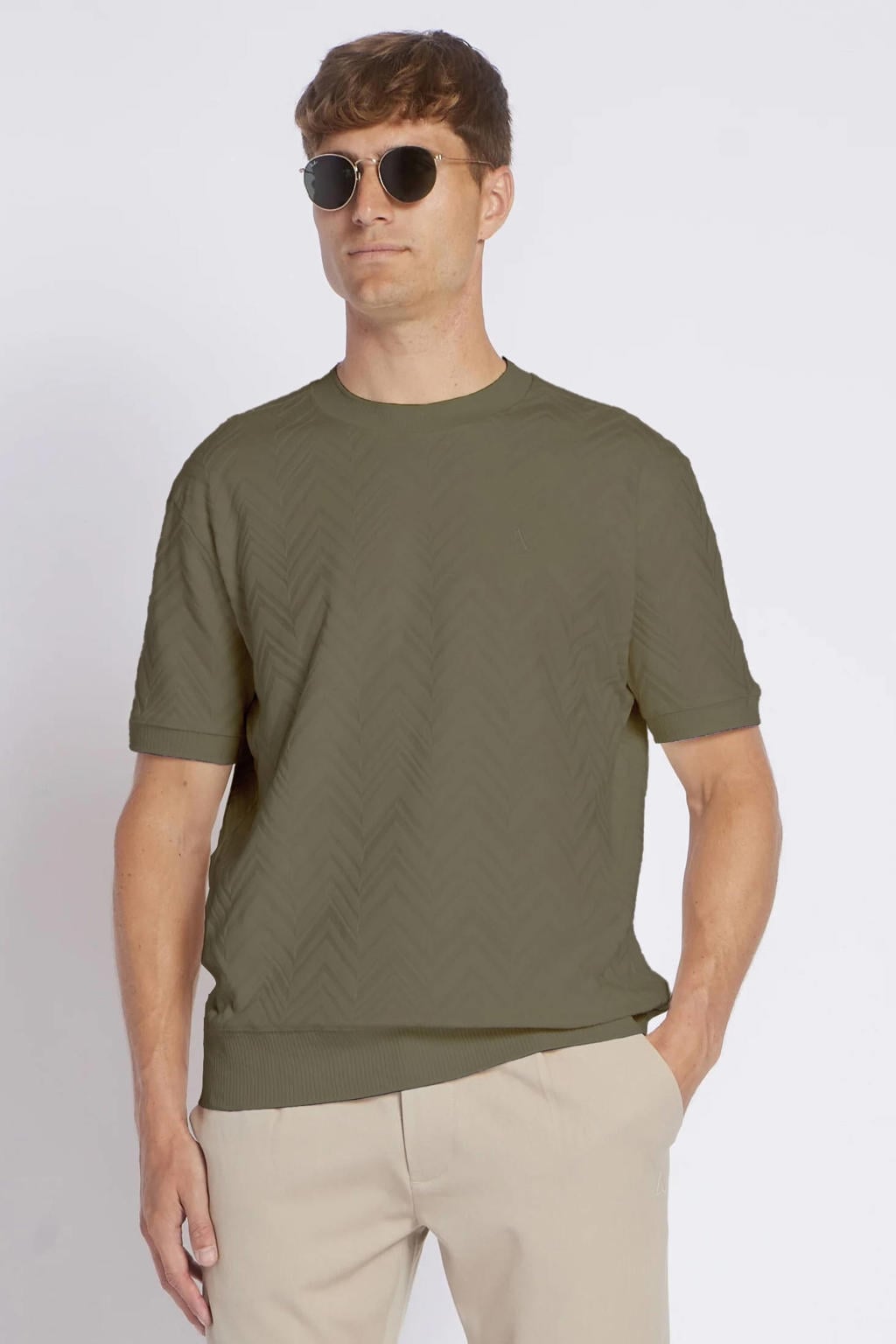 Groene heren Aeden relaxed T-shirt patroon met effen, korte mouwen en ronde hals