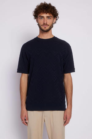 relaxed T-shirt met ingebreid patroon donkerblauw