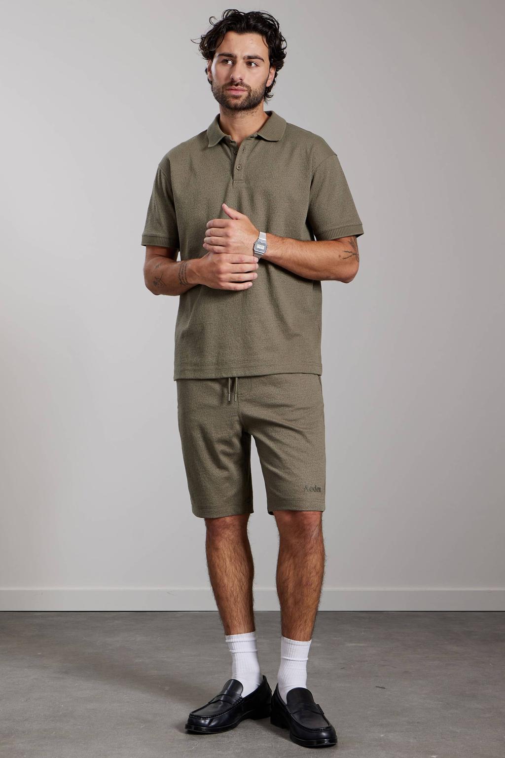 Groene heren Aeden oversized polo van linnen met effen, korte mouwen, knoopsluiting en textuur