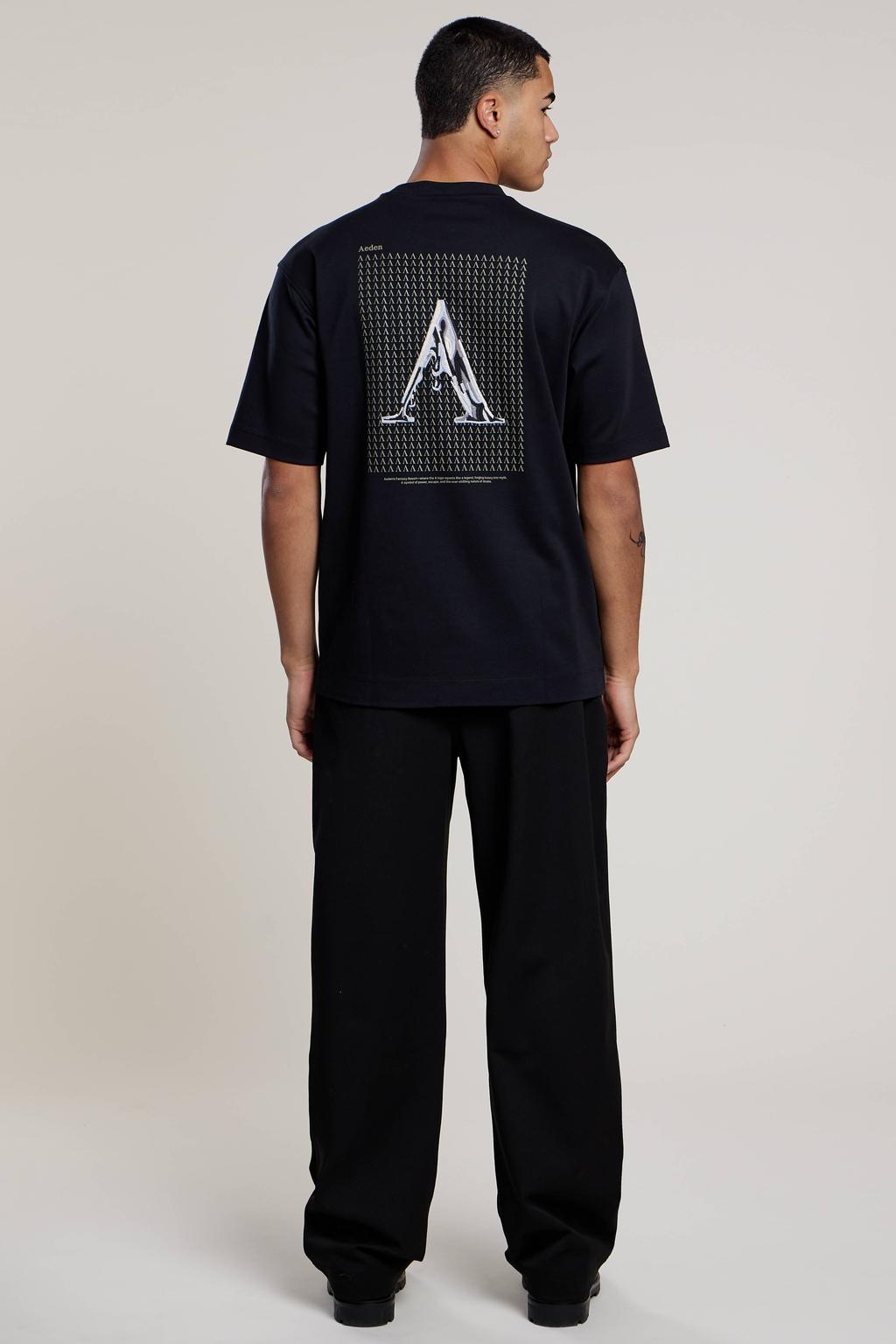 Zwarte heren Aeden oversized T-shirt van katoen met backprint, korte mouwen, ronde hals en borduursels