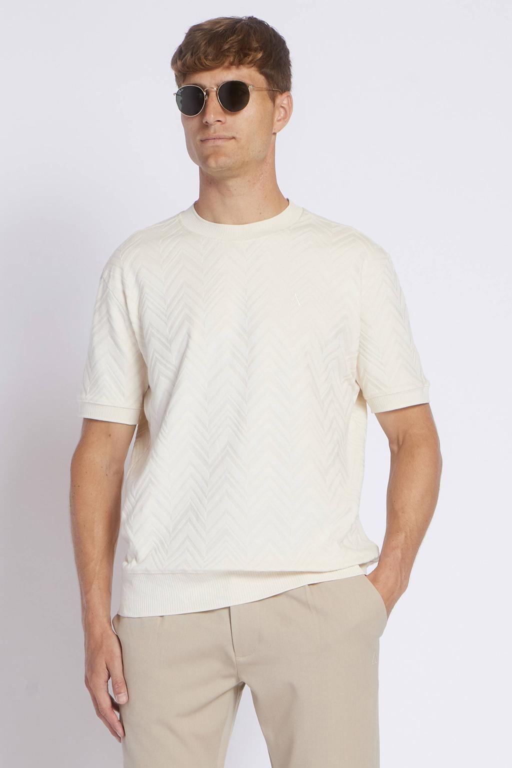 Witte heren Aeden relaxed T-shirt patroon met effen, korte mouwen en ronde hals