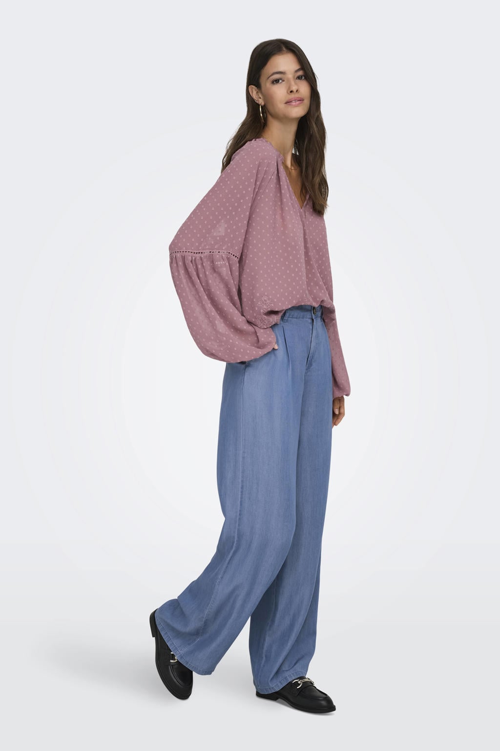 Blauwe dames JDY regular waist casual broek van lyocell met loose fit, rits- en knoopsluiting en effen