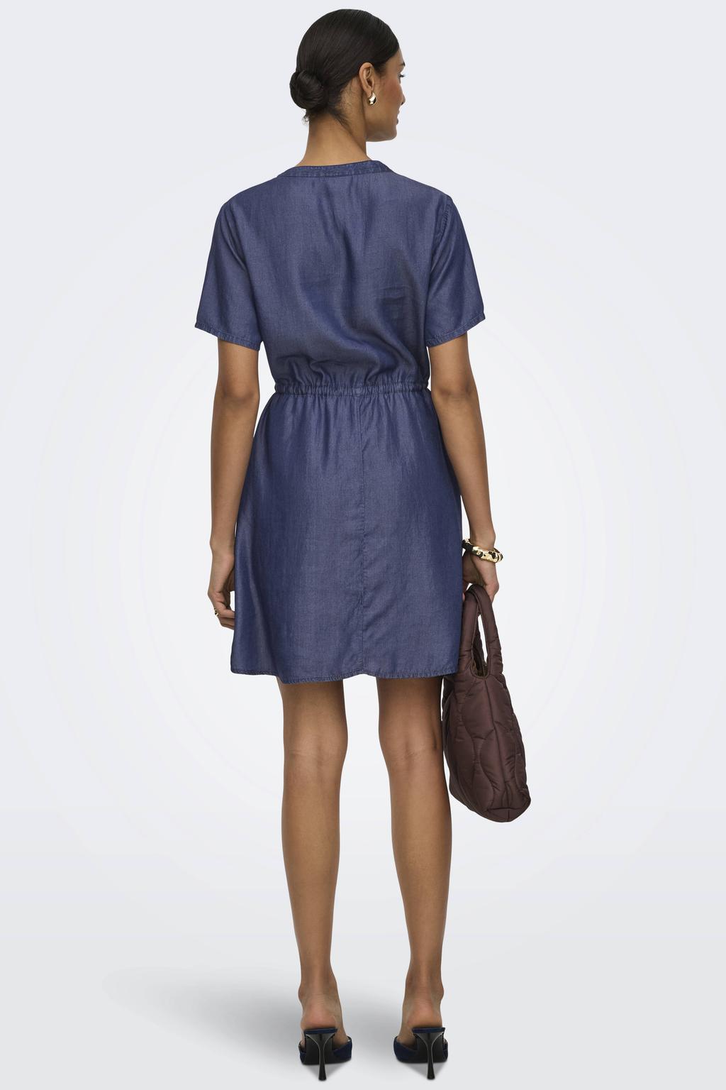 Dark blue denim dames JDY A-lijn jurk dark blue van lyocell met effen en korte mouwen