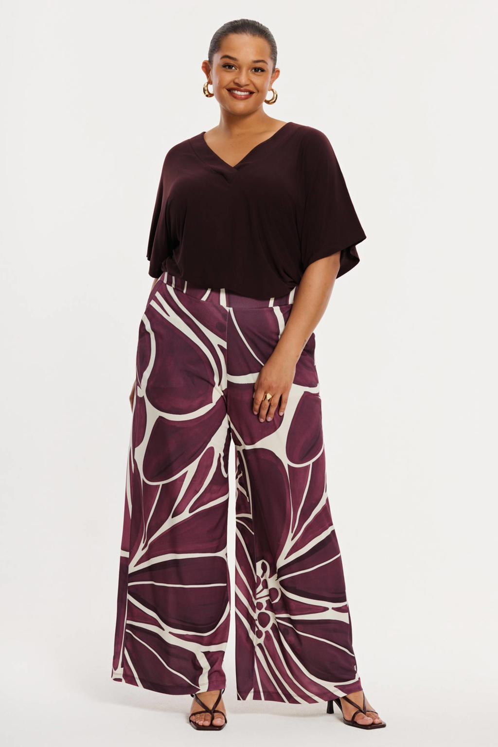 YOEK Wide leg high waist gebloemde broek donkerrood