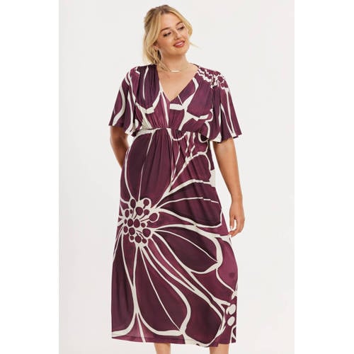 YOEK gebloemde midi jurk aubergine afbeelding