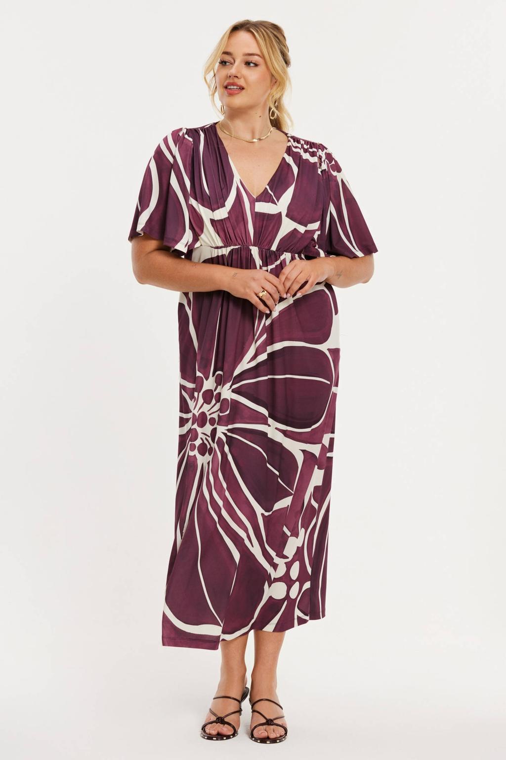 YOEK gebloemde midi jurk aubergine