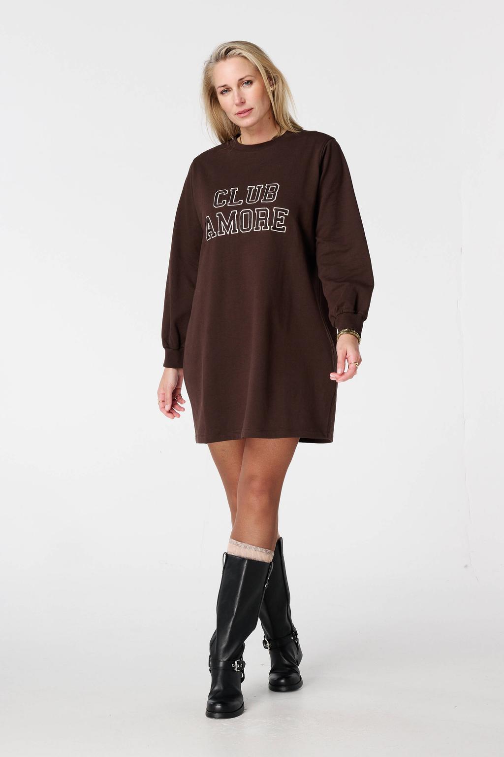 Donkerblauwe dames MS Mode sweatjurk van katoen met tekst print, lange mouwen en klassieke kraag