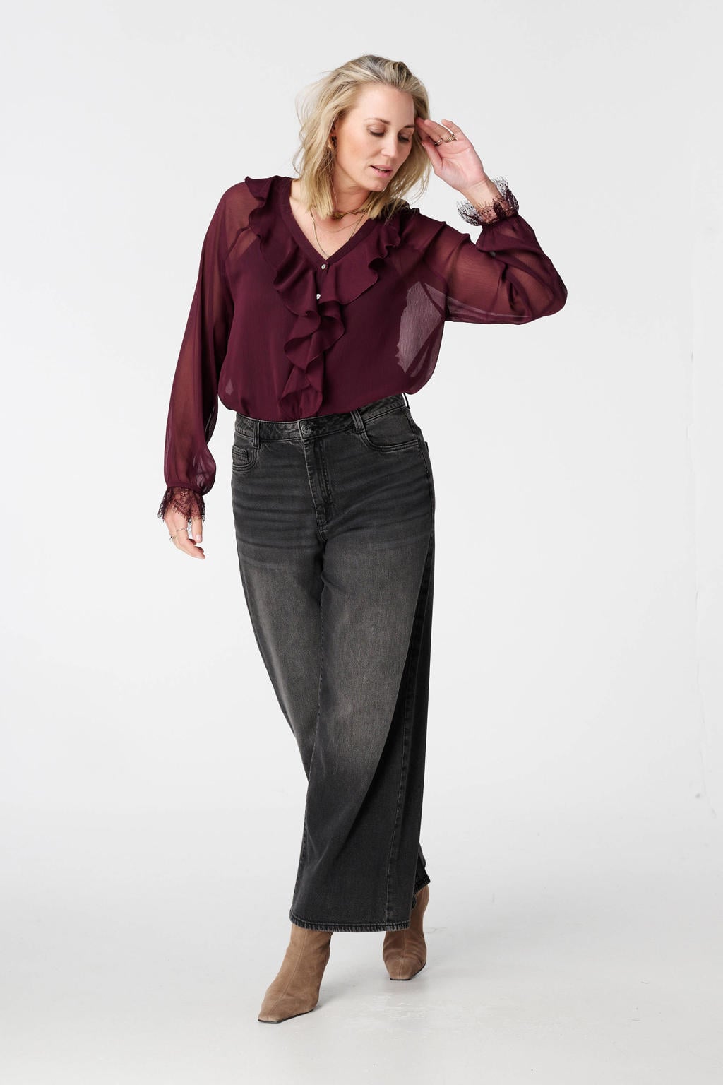 Donkerrode dames MS Mode blouse van polyester met effen, lange mouwen, klassieke kraag, knoopsluiting en ruches