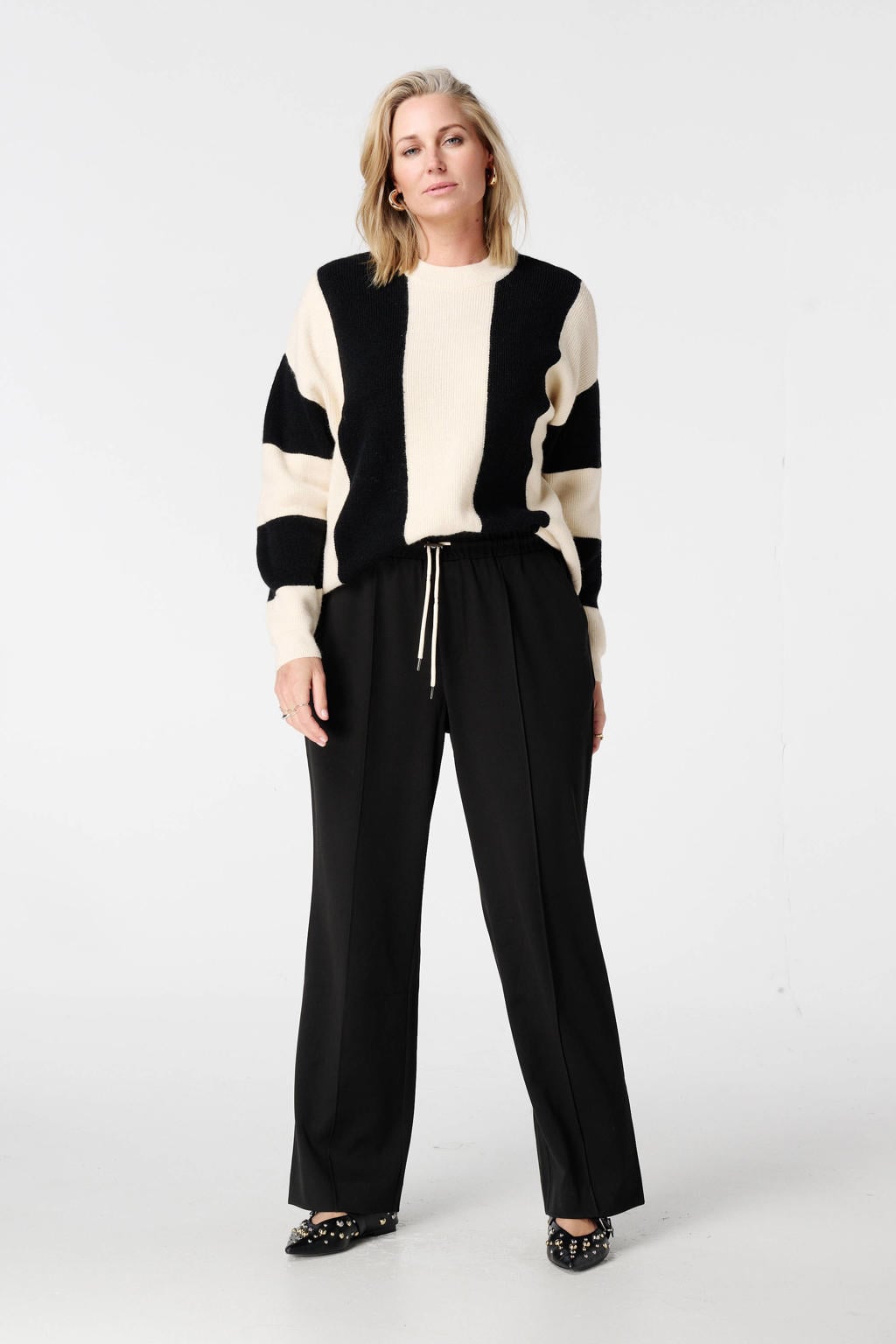 Zwarte dames MS Mode straight regular waist broek van polyester met elastische tailleband met koord en effen