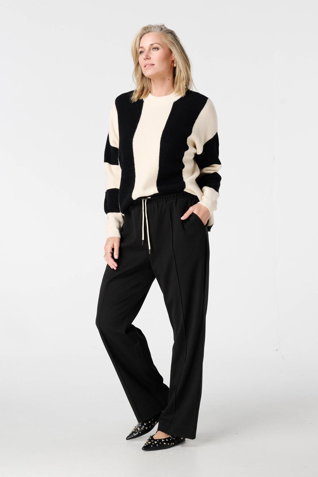 Ecru dames MS Mode gestreepte gebreide trui van acryl met lange mouwen en klassieke kraag
