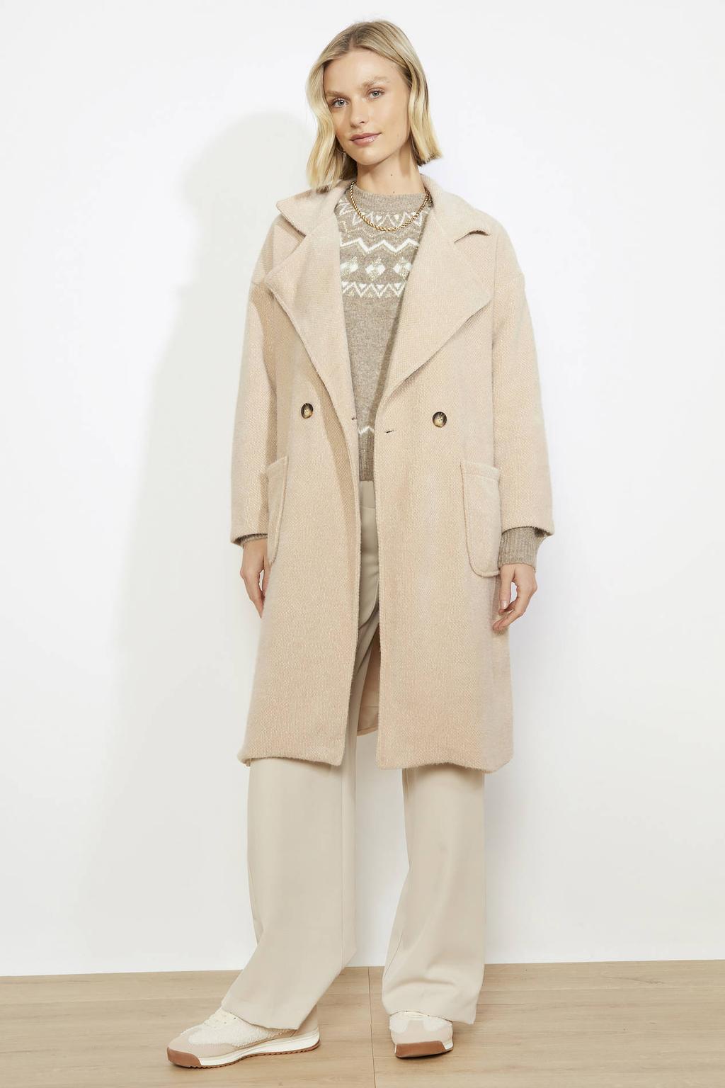 Beige dames LOLALIZA manteljas van polyester met effen, lange mouwen, reverskraag en knoopsluiting