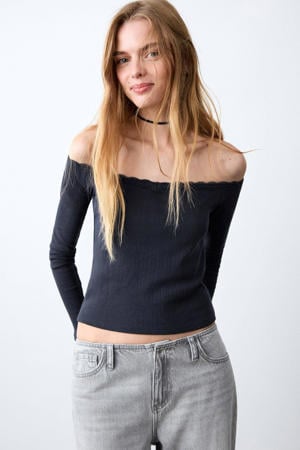 off shoulder top marineblauw broderie