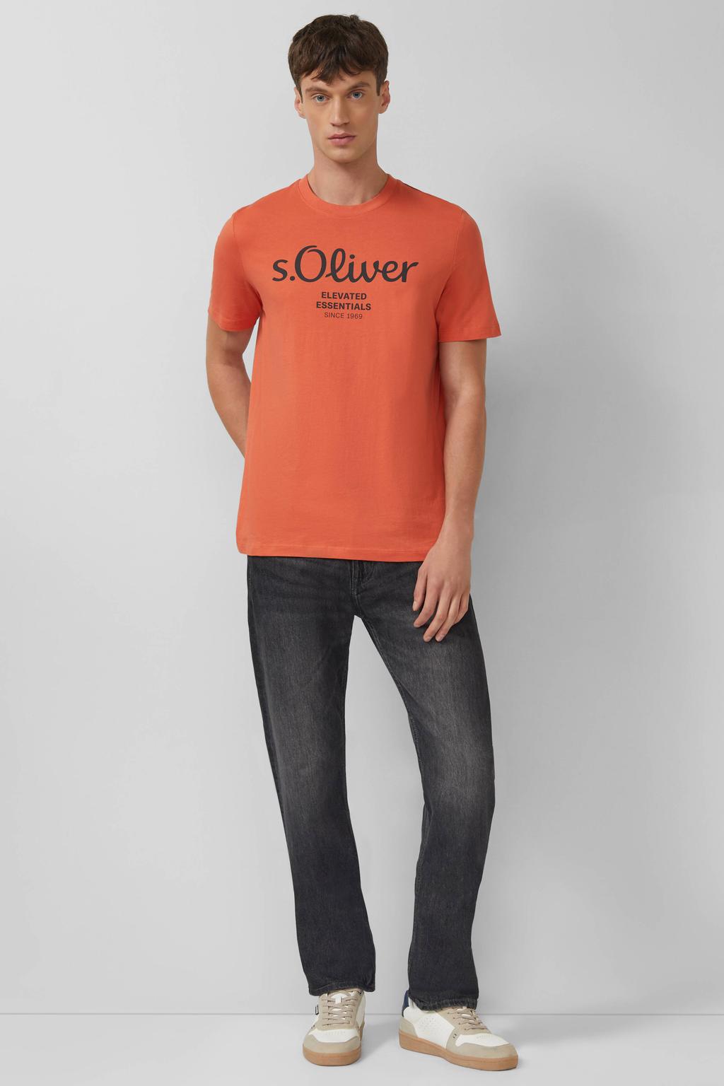 Oranje heren s.Oliver T-shirt van katoen met printopdruk, korte mouwen en ronde hals