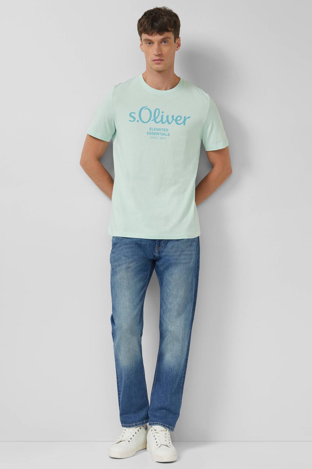 Groene heren s.Oliver T-shirt van katoen met printopdruk, korte mouwen en ronde hals