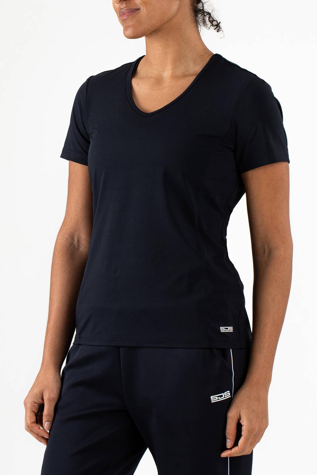 Donkerblauwe dames Sjeng Sports sportshirt Isadee van polyester met korte mouwen en V-hals