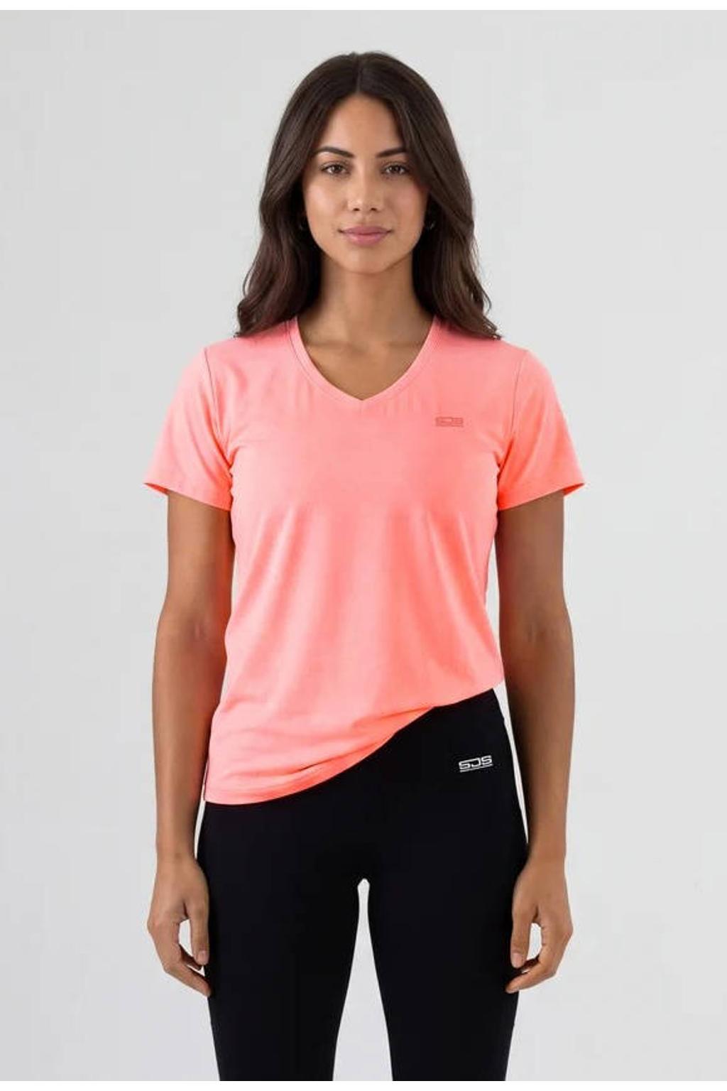Zalmkleurige dames Sjeng Sports sportshirt Ines rose van polyester met effen, korte mouwen en V-hals