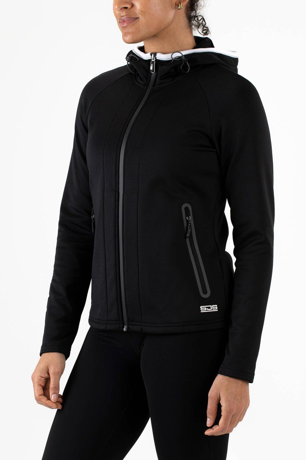 Zwarte dames Sjeng Sports sportjack Rhea van polyester met lange mouwen en capuchon