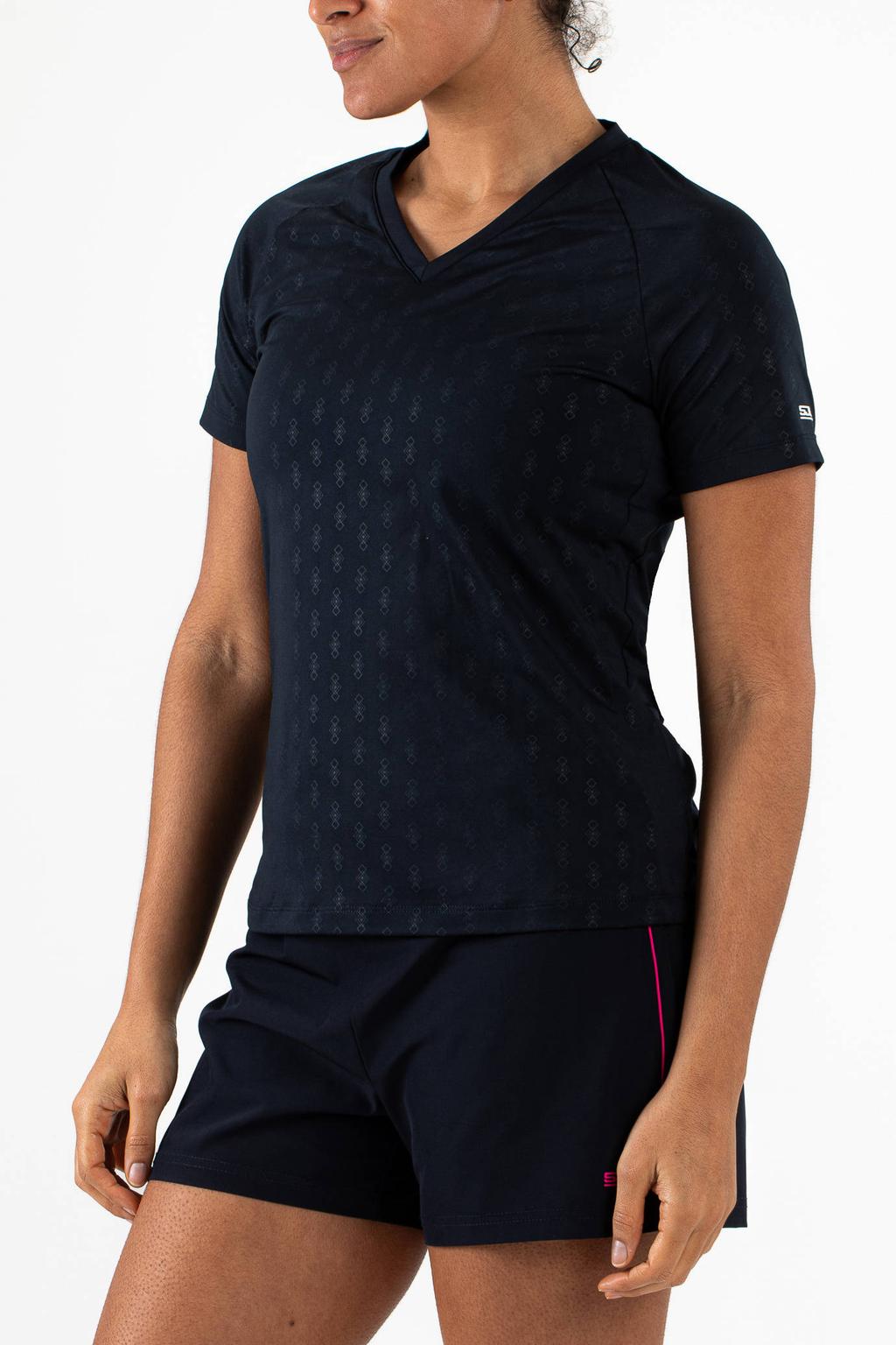 Donkerblauwe dames Sjeng Sports sportshirt Izzie van polyester met effen, korte mouwen en V-hals