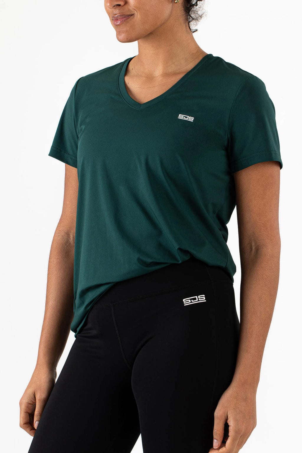 Donkergroene dames Sjeng Sports sportshirt Ines van polyester met effen, korte mouwen en V-hals