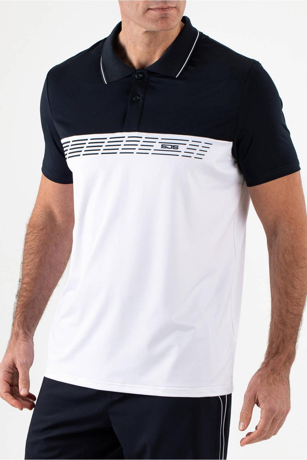 Donkerblauwe heren Sjeng Sports sportpolo Cyriel van polyester met korte mouwen, klassieke kraag en knoopsluiting